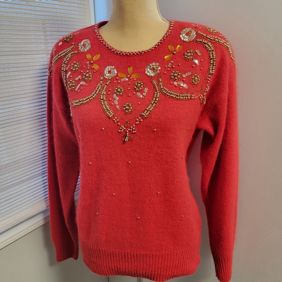 Vintage Angora Silk Blend Sweater Red Holiday Beaded Karen Scott Size Medium - Picture 15 of 15